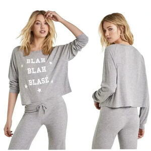New Wildfox Blah Blah Blase Monte Crop Thermal heather waffle Henley top lounge